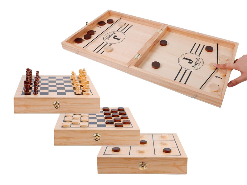 4 in 1 Wooden Checkers Chess Fast Sling Puck and Tic Tac Toe Board Game Set